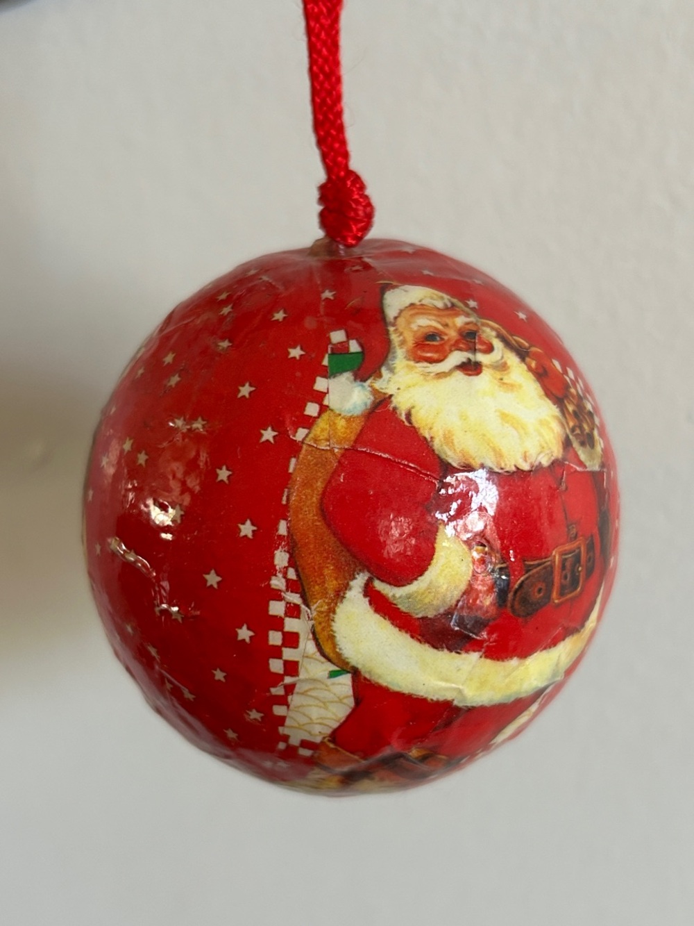 Vintage Festive Red Santa Ball Ornament with Hanging Cord
